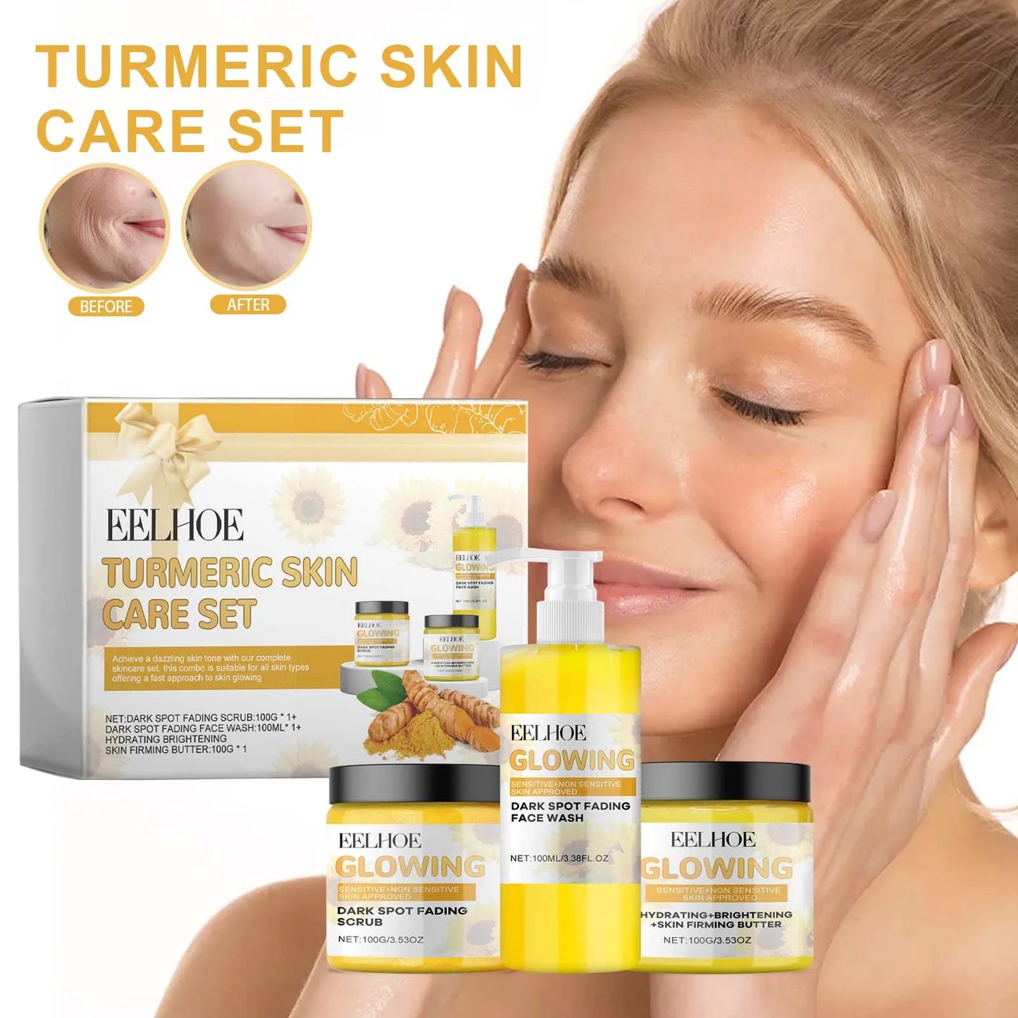 EELHOE Tuemeric Skin Care Set Deep Clean Anti-Aging Moisturize Skin Gentle Formula Suitable For Dry Oily Sensitive Skin Types