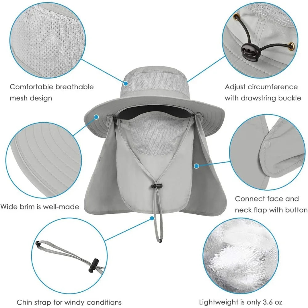 IYEBRAO Mens Outdoor Sun Hat with Face Neck Flap UV Protection Wide Brim Fishing Hat for Hiking Safari Gardening UPF 50+