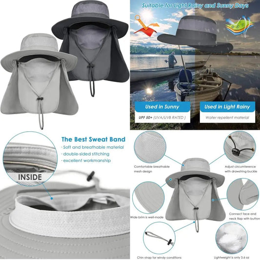 IYEBRAO Mens Outdoor Sun Hat with Face Neck Flap UV Protection Wide Brim Fishing Hat for Hiking Safari Gardening UPF 50+