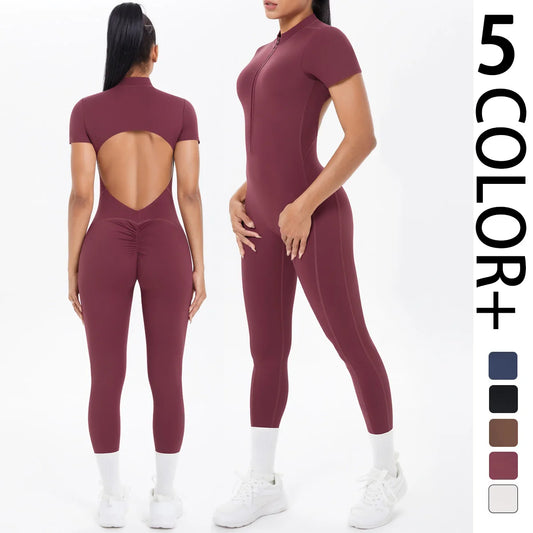 Hamidou Short Sleeve Fitness Jumpsuit Women Backless