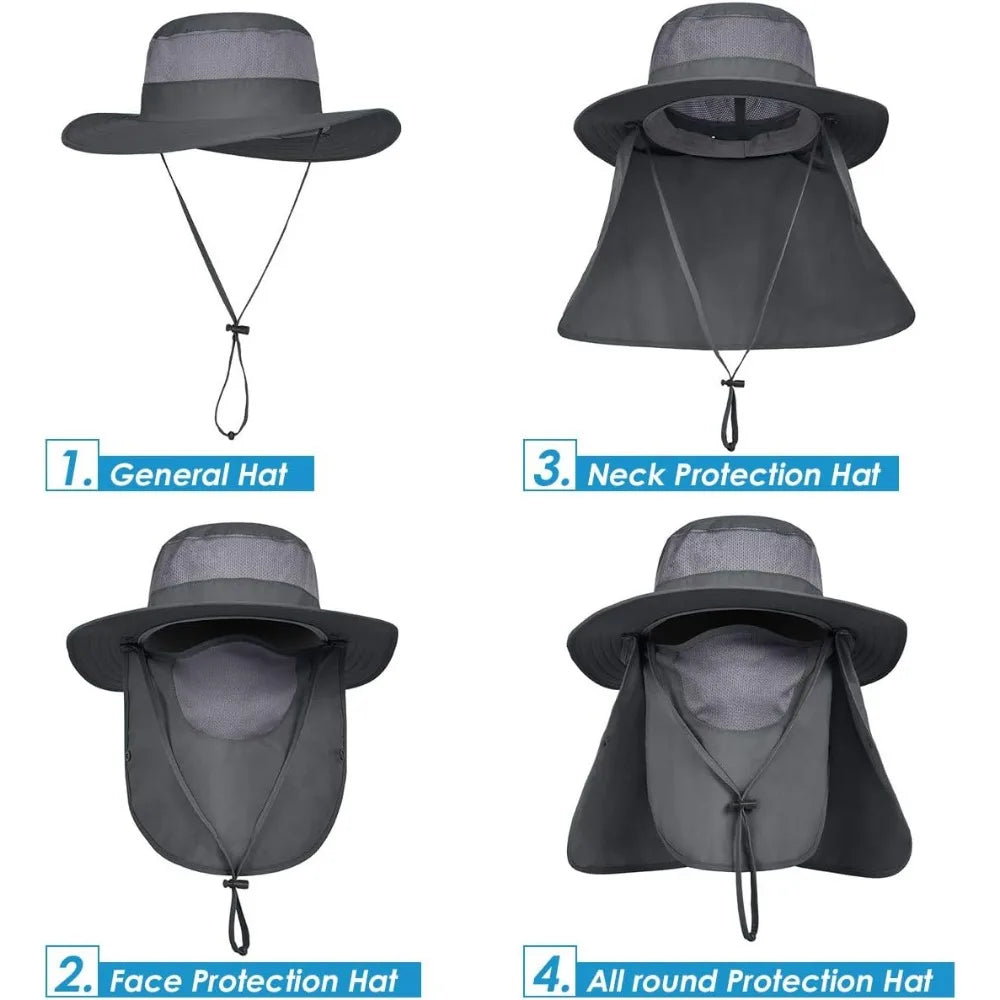 IYEBRAO Mens Outdoor Sun Hat with Face Neck Flap UV Protection Wide Brim Fishing Hat for Hiking Safari Gardening UPF 50+
