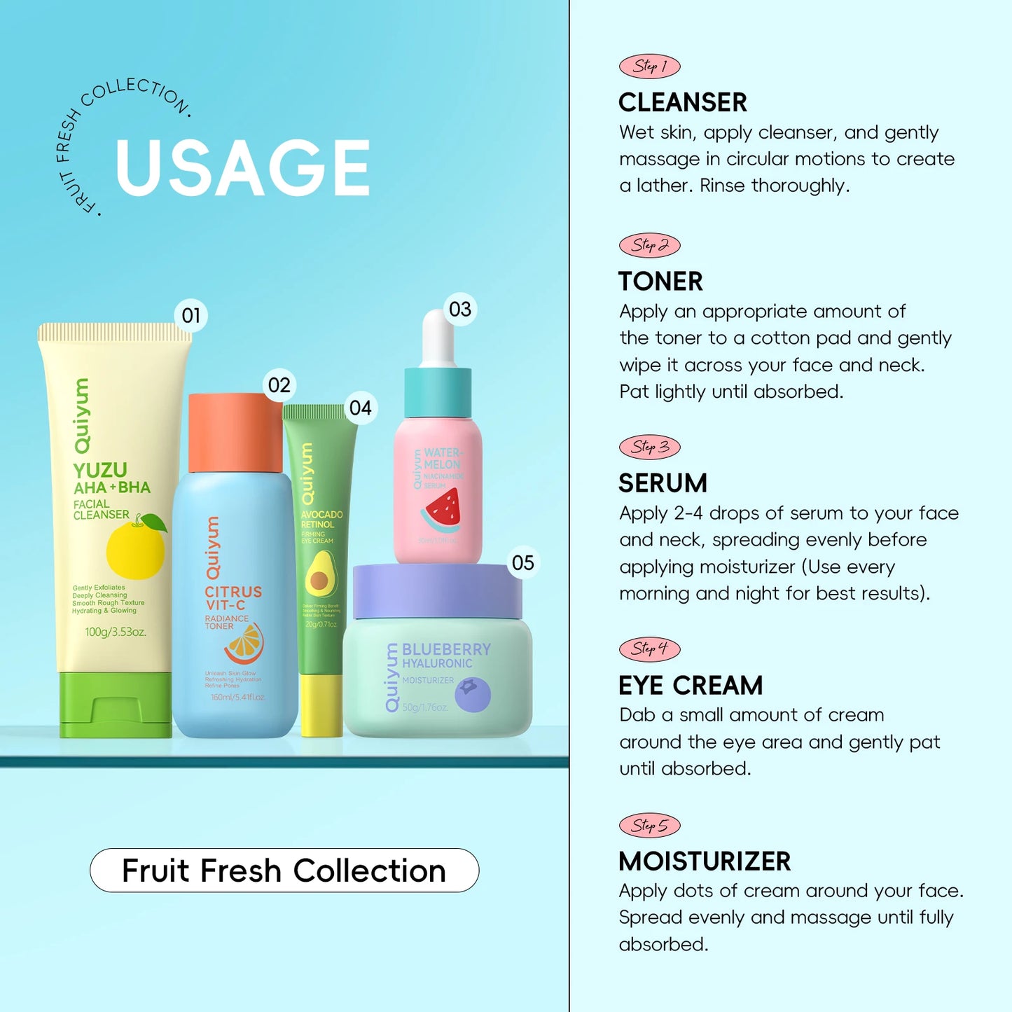 QUIYUM Fruit Fresh Collection 5 Piece Skincare Set Premium