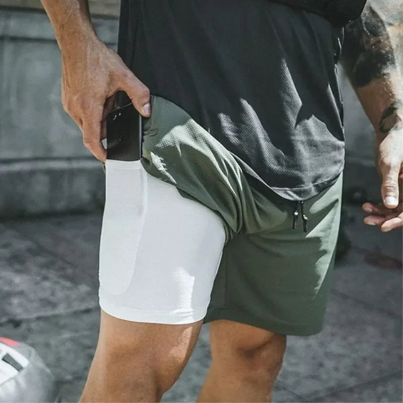 Double Layer Mens Fitness Shorts Quick Dry 2 In 1 Workout