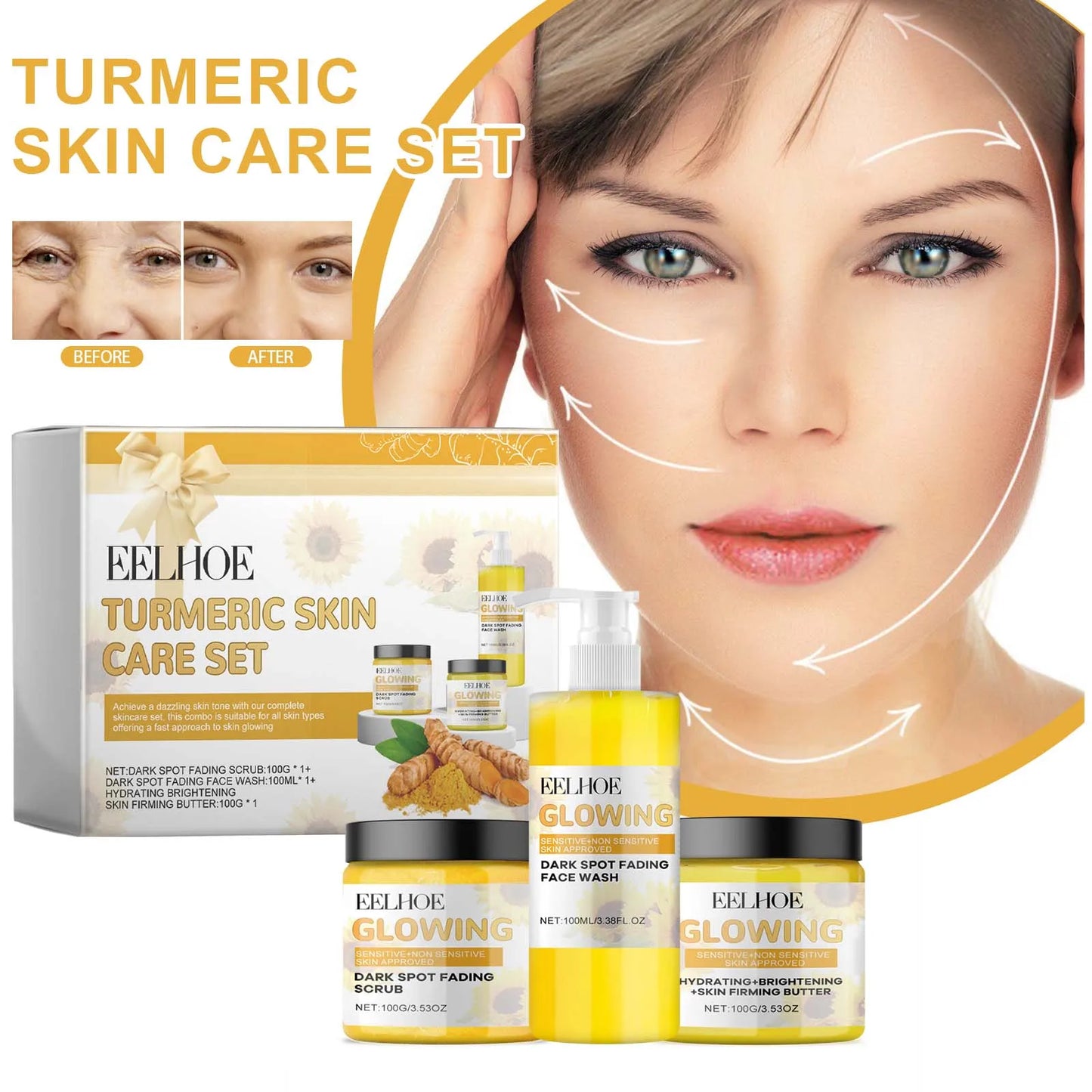EELHOE Tuemeric Skin Care Set Deep Clean Anti-Aging Moisturize Skin Gentle Formula Suitable For Dry Oily Sensitive Skin Types