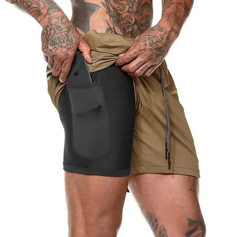 Double Layer Mens Fitness Shorts Quick Dry 2 In 1 Workout