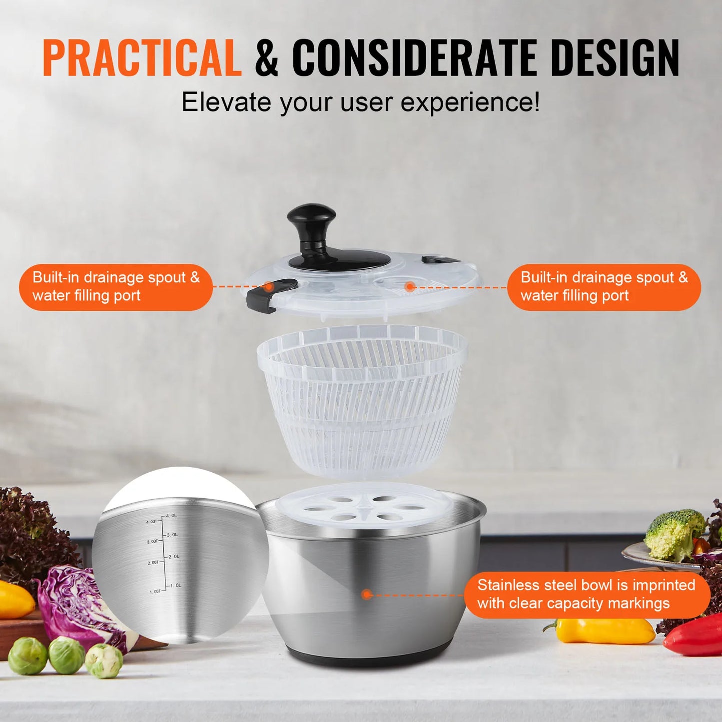 VEVOR SucceBuy Stainless Steel Salad Spinner OneHanded Exceptionally Efficient Drying