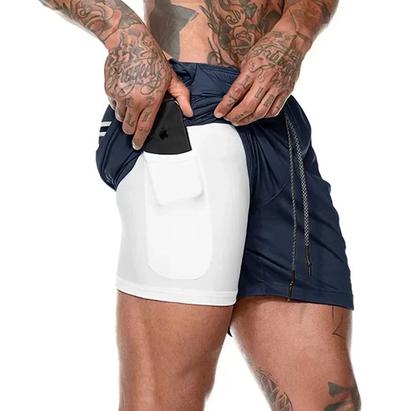 Double Layer Mens Fitness Shorts Quick Dry 2 In 1 Workout