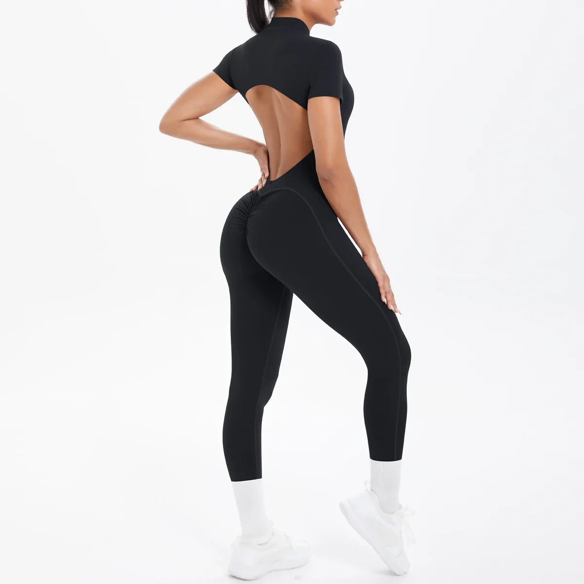 Hamidou Short Sleeve Fitness Jumpsuit Women Backless