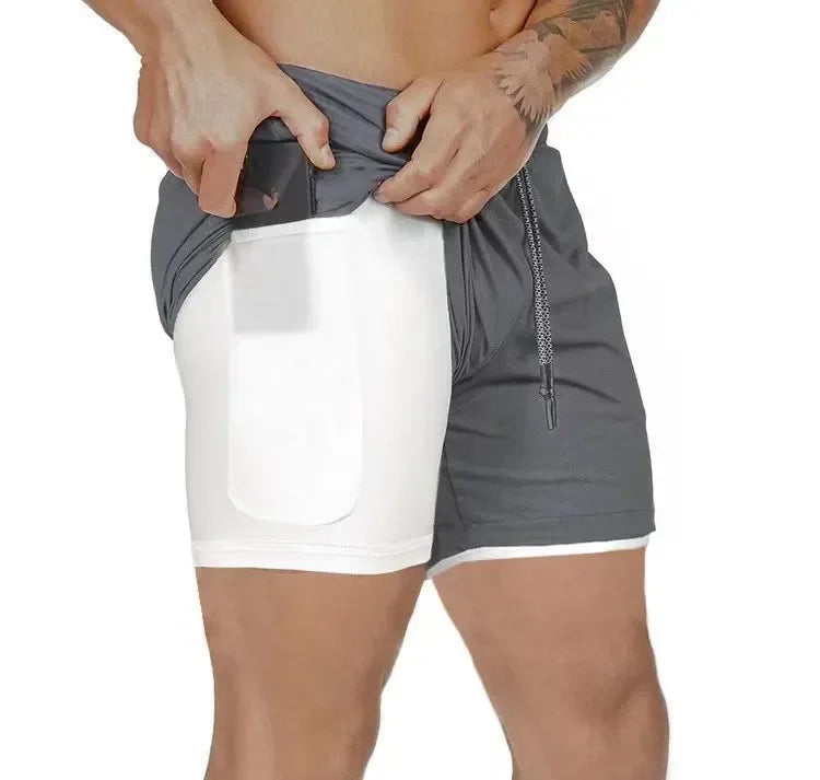 Double Layer Mens Fitness Shorts Quick Dry 2 In 1 Workout