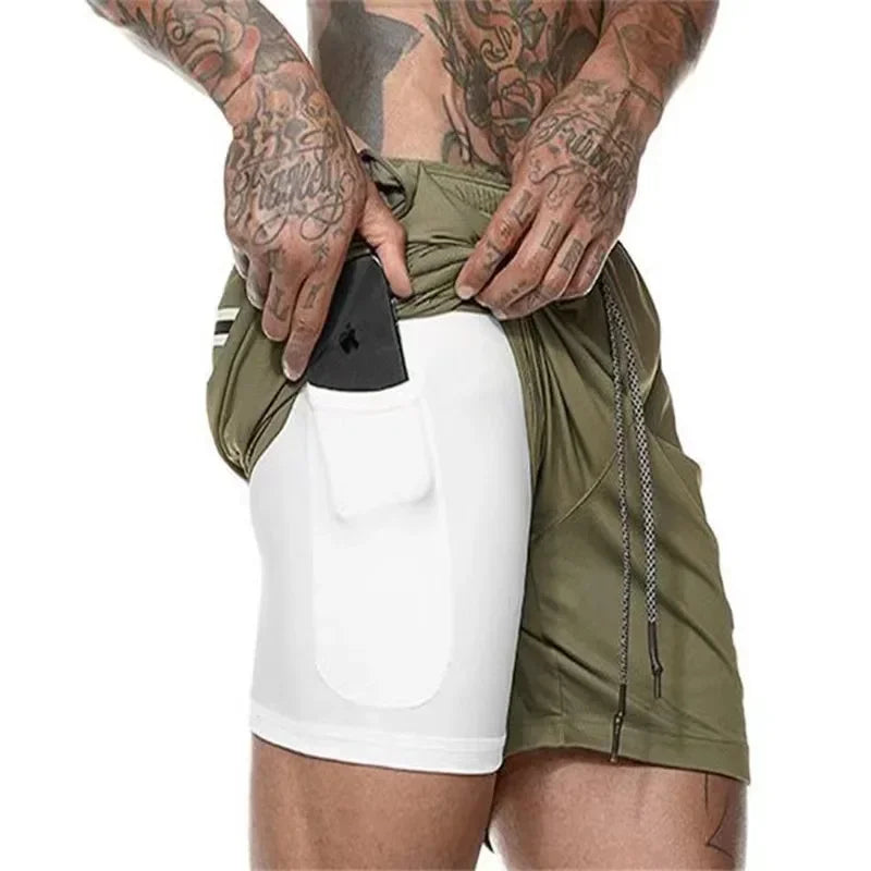 Double Layer Mens Fitness Shorts Quick Dry 2 In 1 Workout