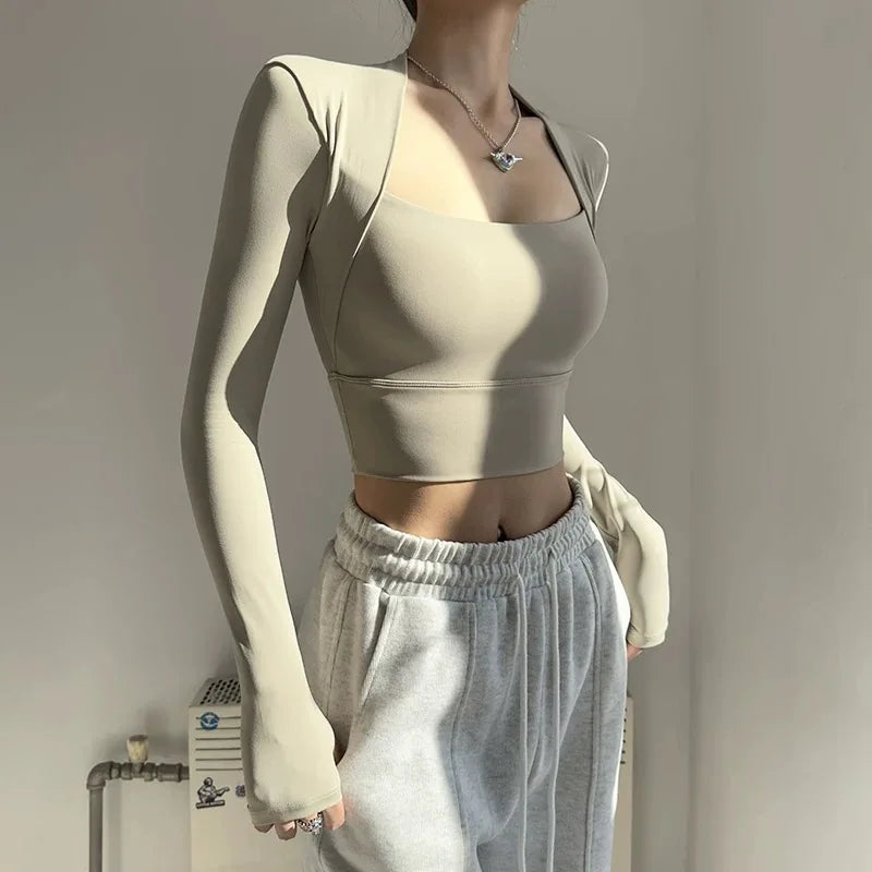 CN Fitness Chest Cushion Sports Top Women Long Sleeve Yoga