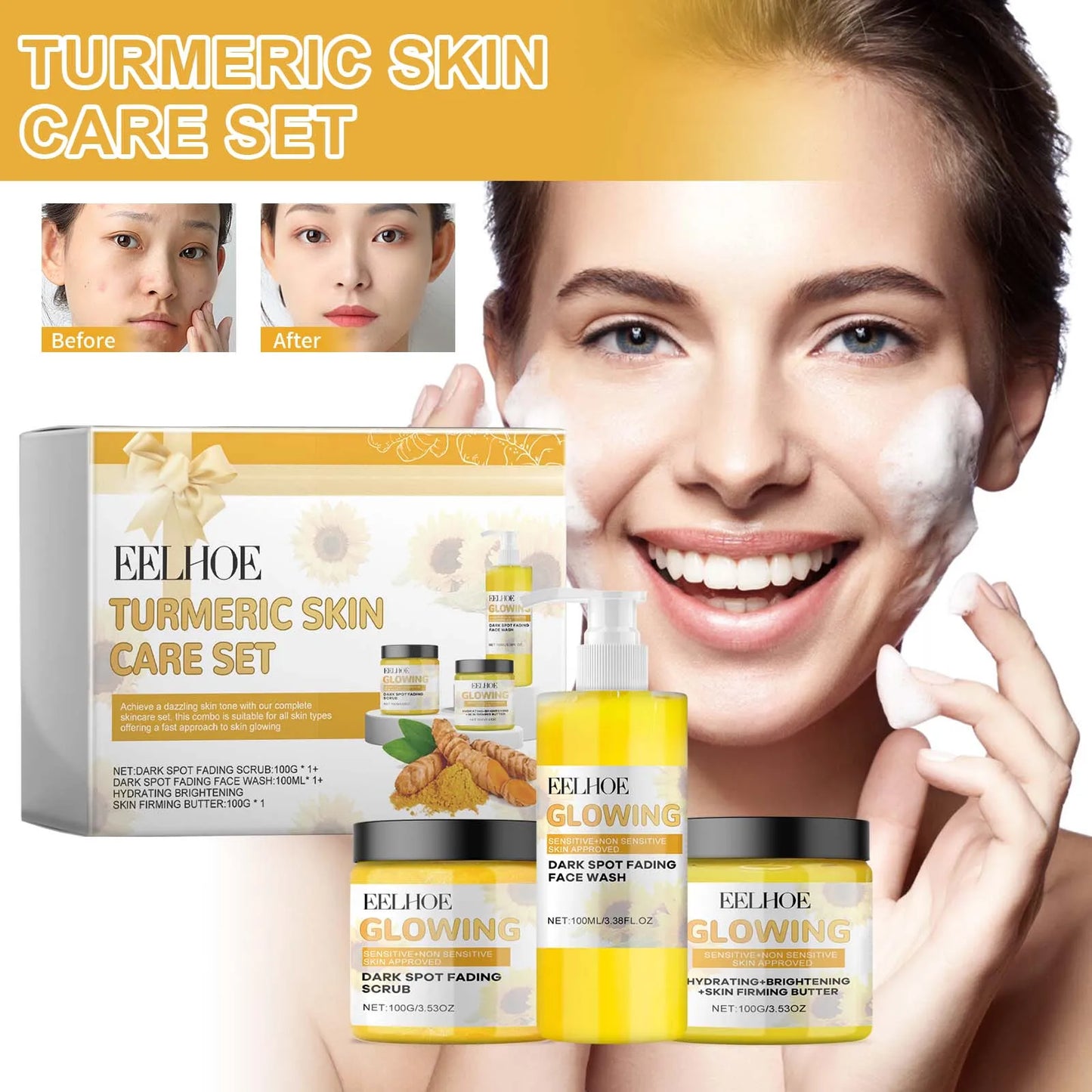 EELHOE Tuemeric Skin Care Set Deep Clean Anti-Aging Moisturize Skin Gentle Formula Suitable For Dry Oily Sensitive Skin Types