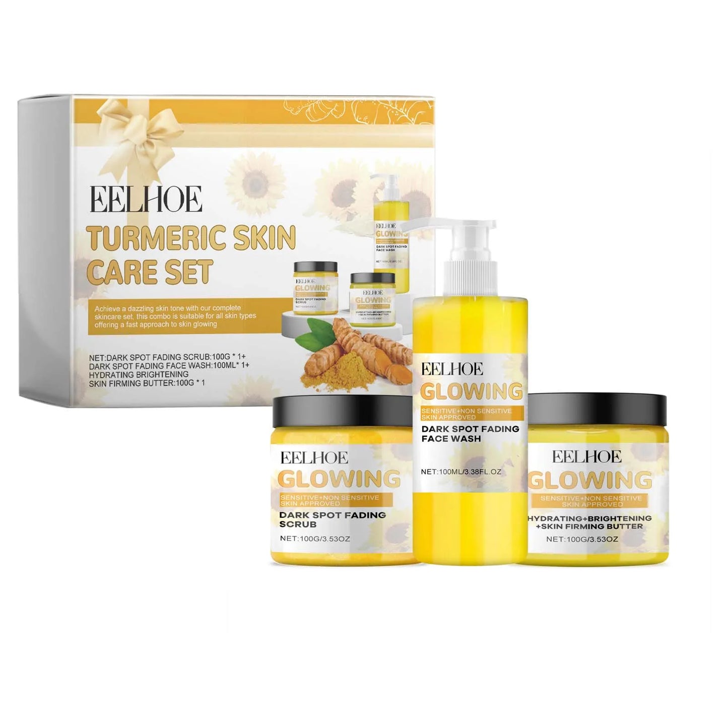EELHOE Tuemeric Skin Care Set Deep Clean Anti-Aging Moisturize Skin Gentle Formula Suitable For Dry Oily Sensitive Skin Types