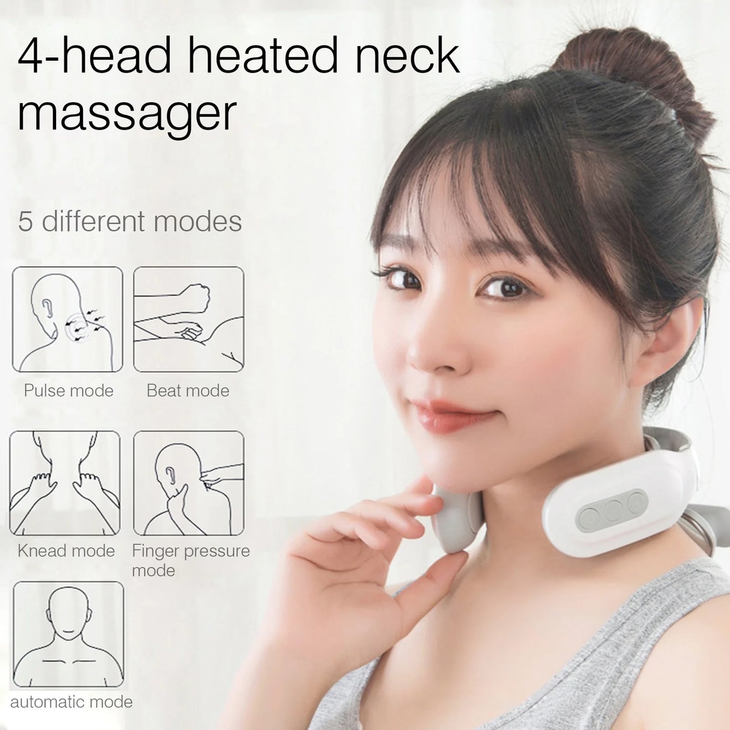 Cervical Massager 16 Modes USB Smart Pulse Heating 4 Head Neck Massager for Neck Tension Relax Muscles Neck Shoulder Pain Relief