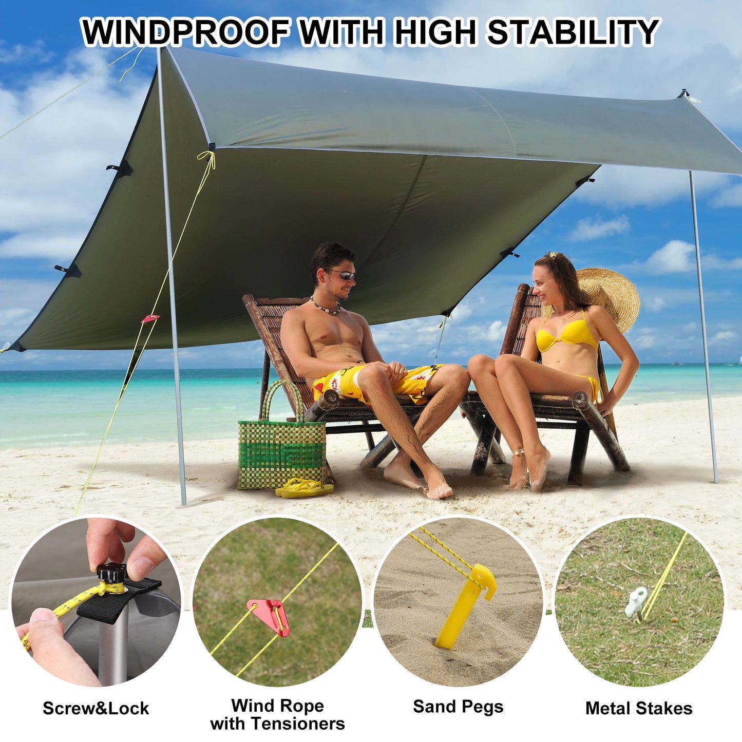 BeachTent Sun Shelter UPF50 Ground Pegs And Aluminum Poles