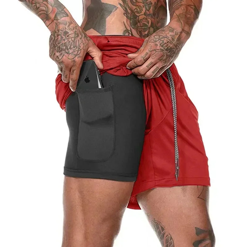 Double Layer Mens Fitness Shorts Quick Dry 2 In 1 Workout