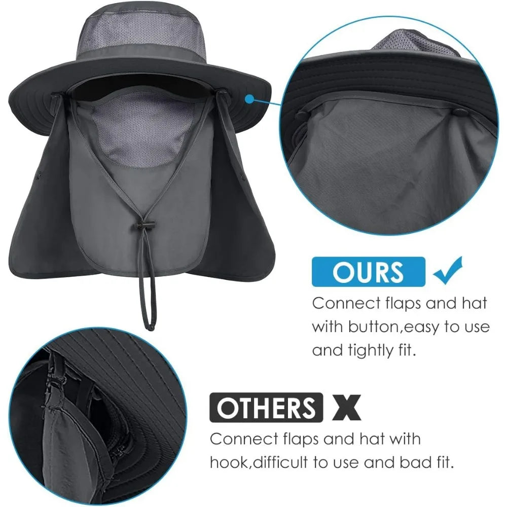 IYEBRAO Mens Outdoor Sun Hat with Face Neck Flap UV Protection Wide Brim Fishing Hat for Hiking Safari Gardening UPF 50+