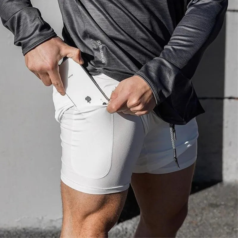 Double Layer Mens Fitness Shorts Quick Dry 2 In 1 Workout