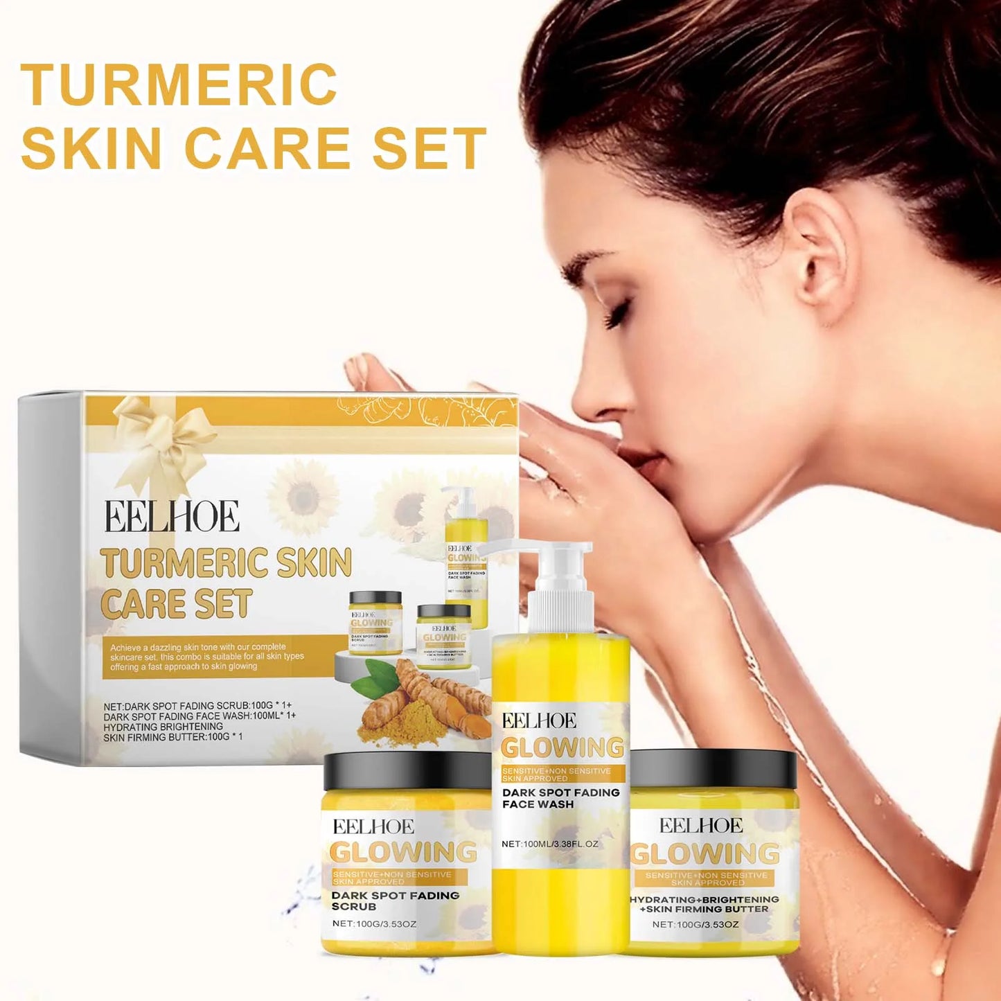 EELHOE Tuemeric Skin Care Set Deep Clean Anti-Aging Moisturize Skin Gentle Formula Suitable For Dry Oily Sensitive Skin Types