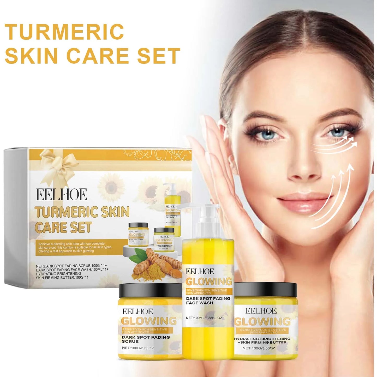 EELHOE Tuemeric Skin Care Set Deep Clean Anti-Aging Moisturize Skin Gentle Formula Suitable For Dry Oily Sensitive Skin Types
