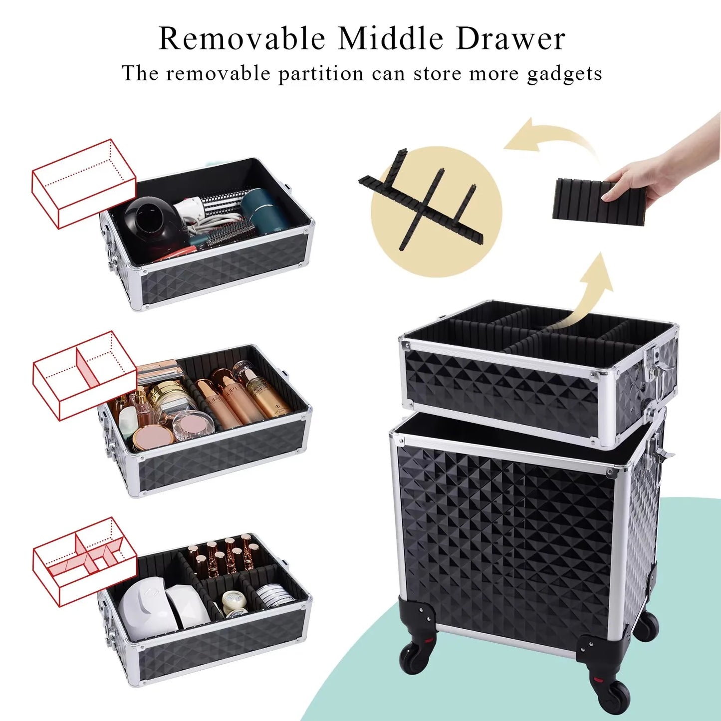 Maxulene Rolling Makeup Case On Wheels 3 In 1 Trolley
