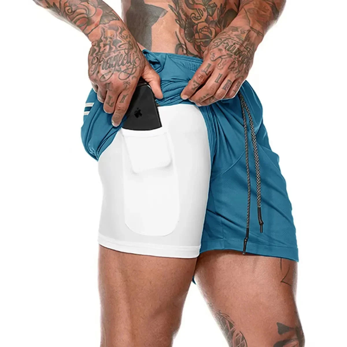 Double Layer Mens Fitness Shorts Quick Dry 2 In 1 Workout