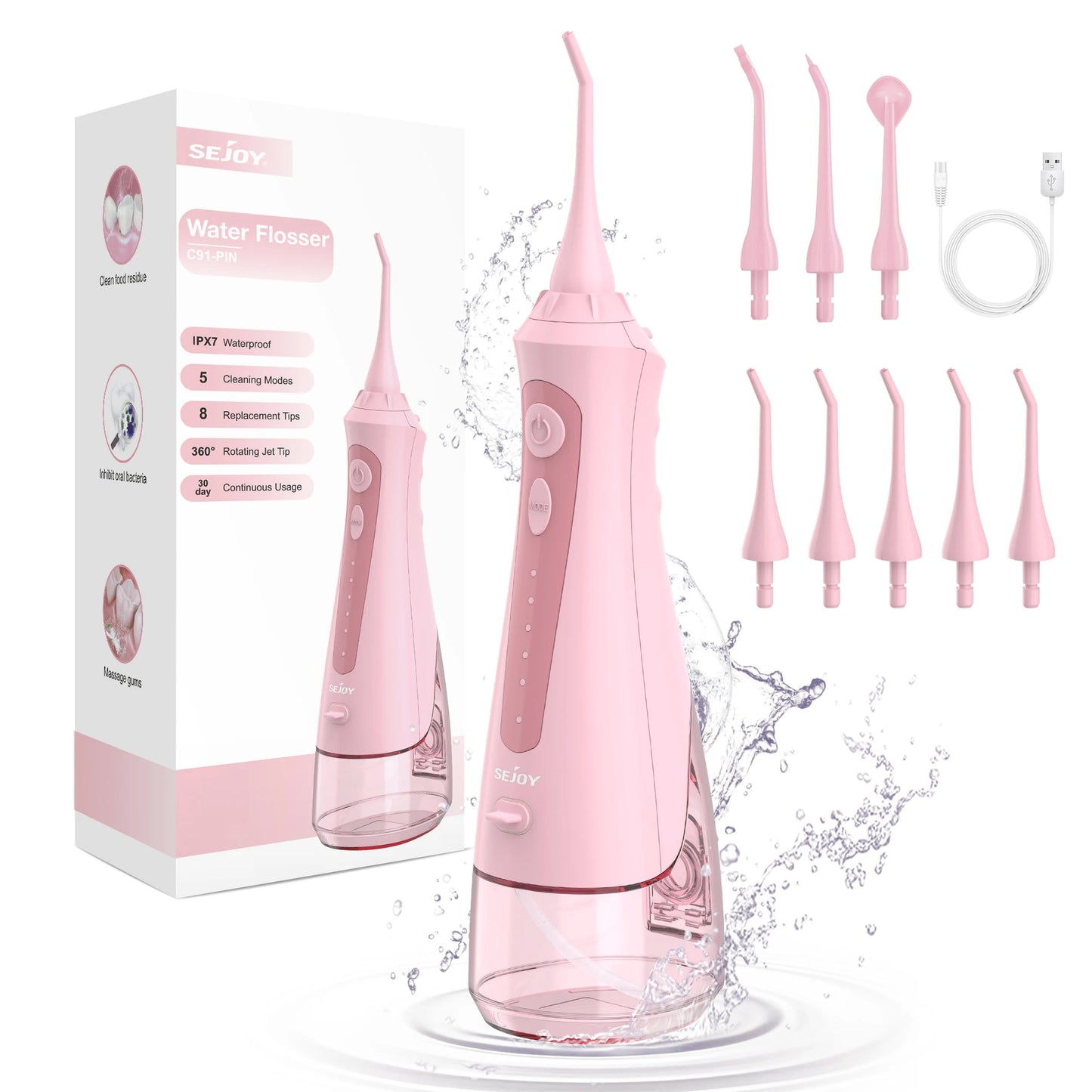 Sejoy Oral Irrigator Water Flosser USB Rechargeable 270ml Tank 8-Nozzles