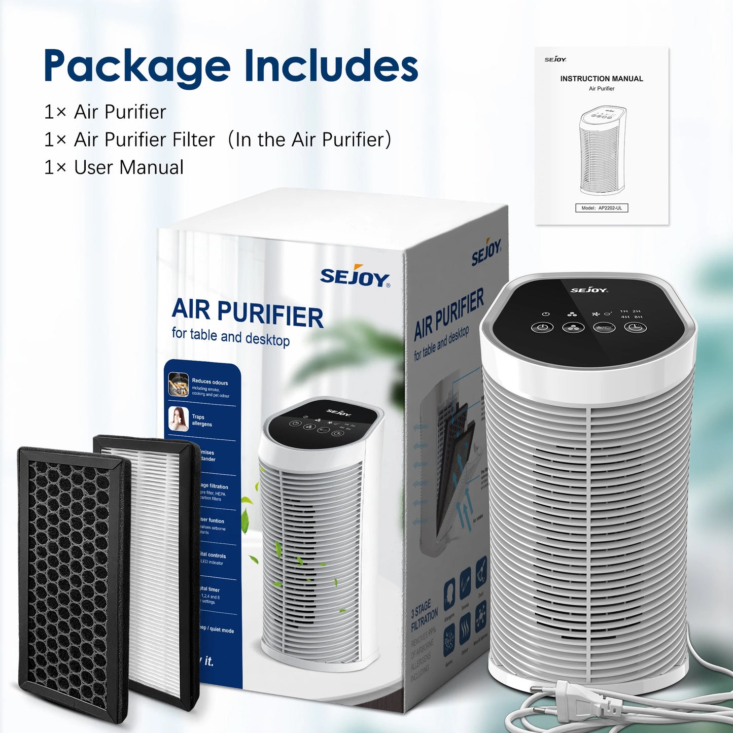 Sejoy Air Purifier With HEPA Ionizer Quiet 3 Speeds