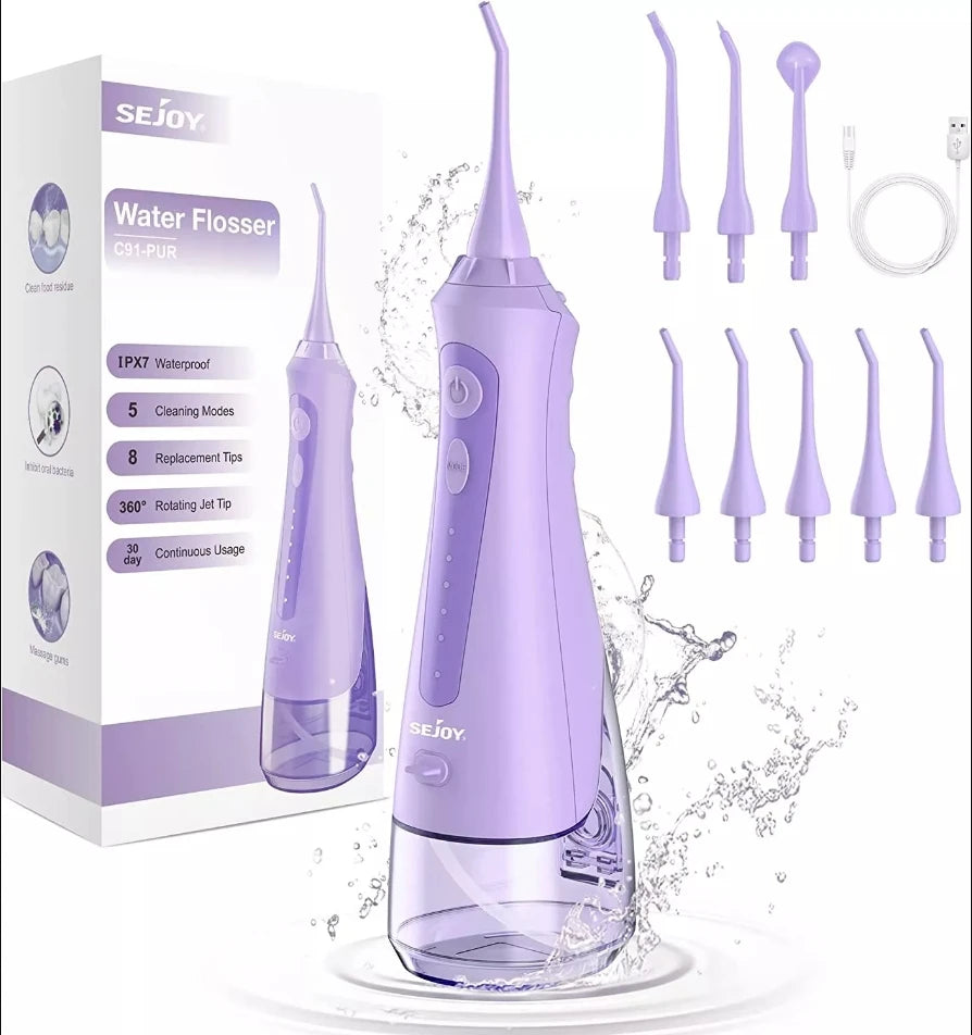 Sejoy Oral Irrigator Water Flosser USB Rechargeable 270ml Tank 8-Nozzles