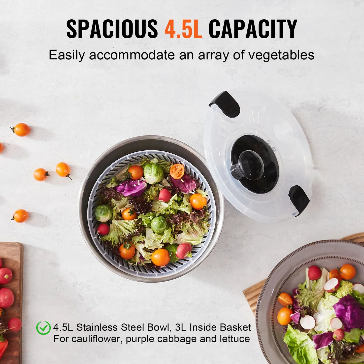 VEVOR SucceBuy Stainless Steel Salad Spinner OneHanded Exceptionally Efficient Drying