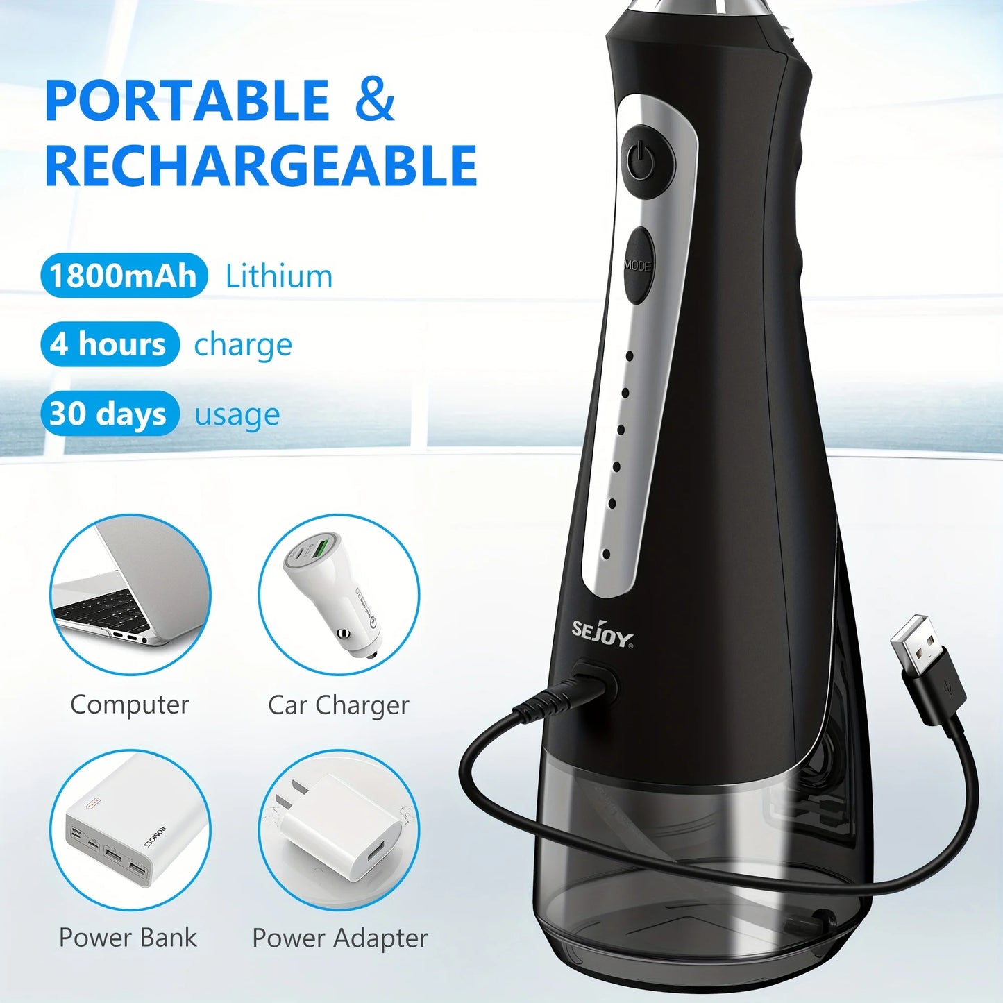 Sejoy Oral Irrigator Water Flosser USB Rechargeable 270ml Tank 8-Nozzles