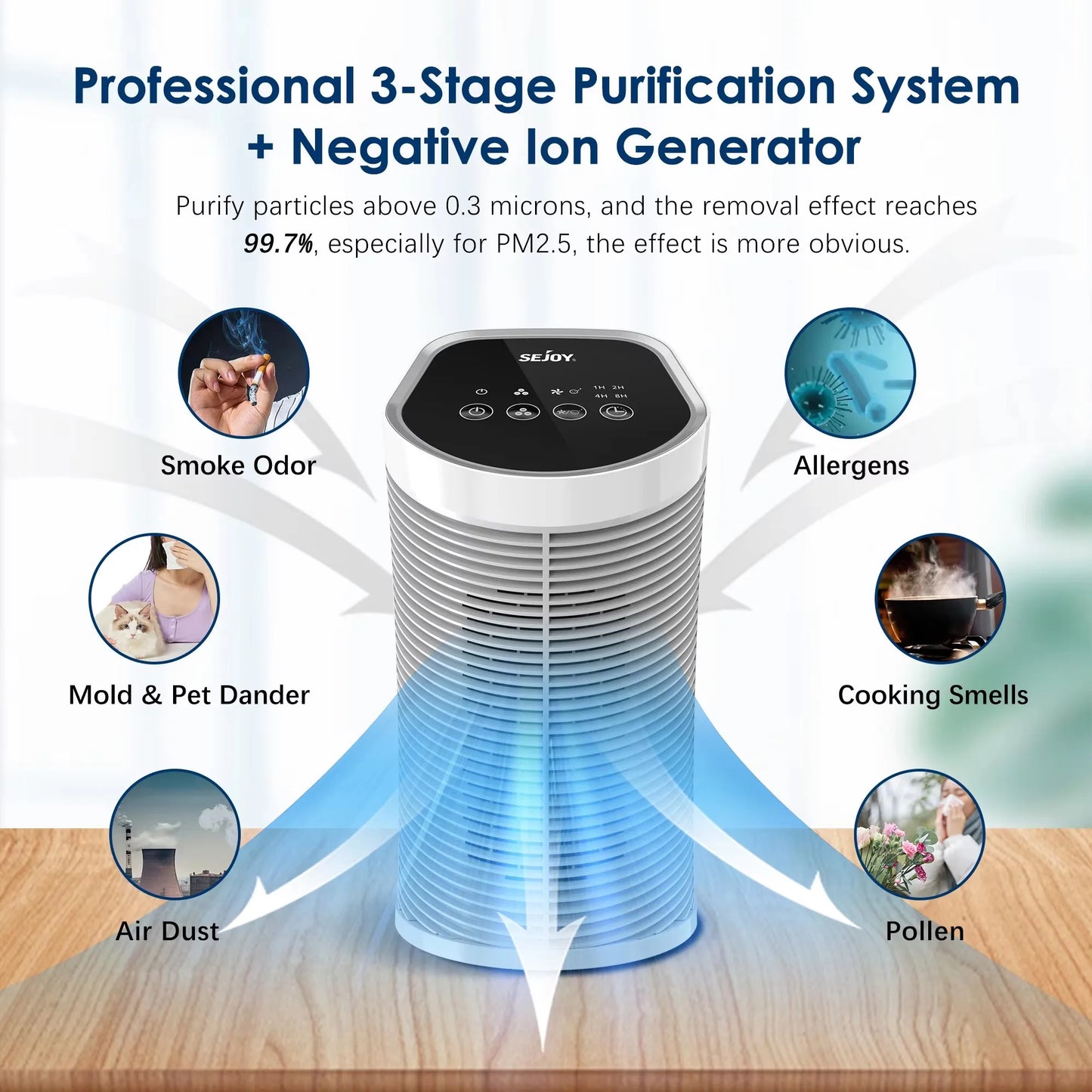 Sejoy Air Purifier With HEPA Ionizer Quiet 3 Speeds