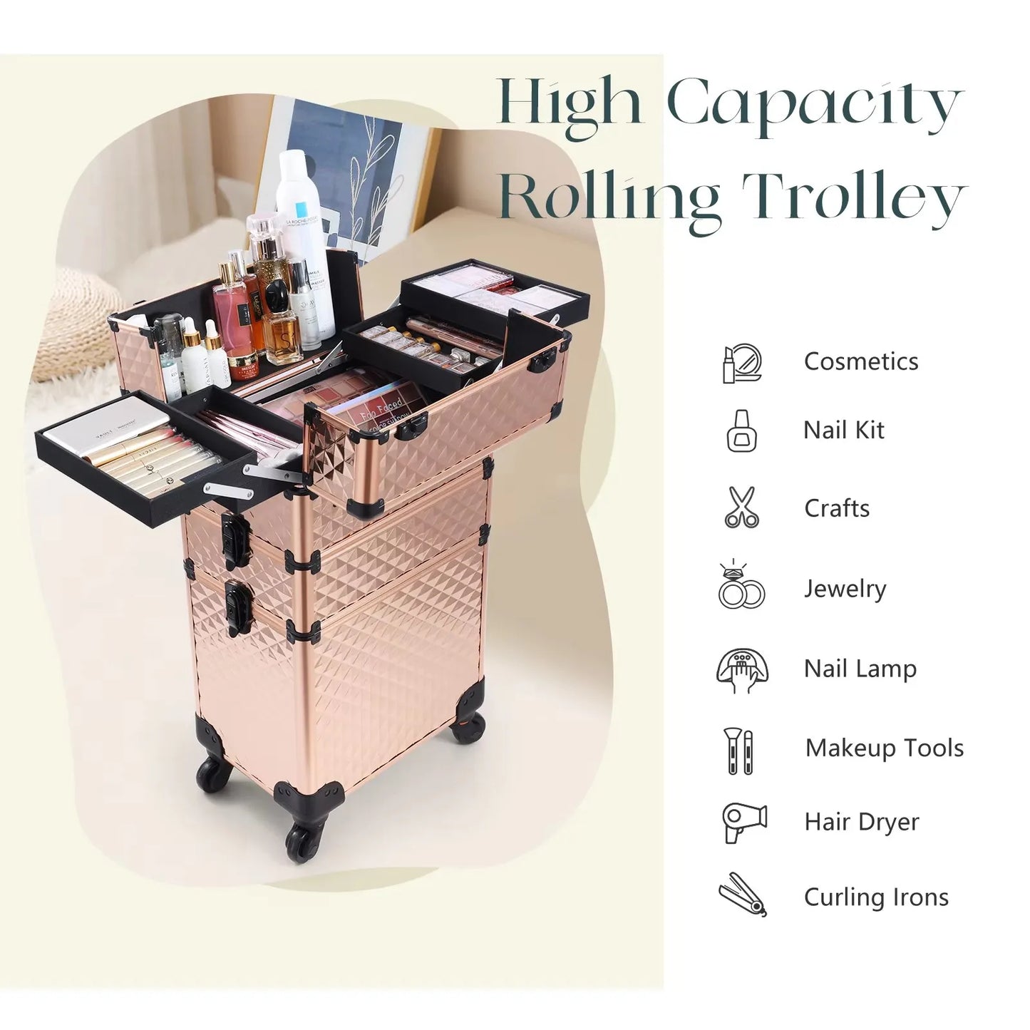 Maxulene Rolling Makeup Case On Wheels 3 In 1 Trolley