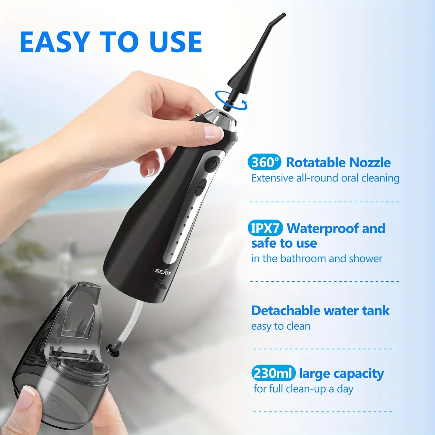 Sejoy Oral Irrigator Water Flosser USB Rechargeable 270ml Tank 8-Nozzles