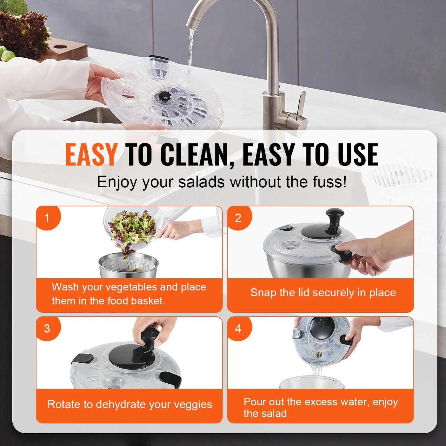 VEVOR SucceBuy Stainless Steel Salad Spinner OneHanded Exceptionally Efficient Drying