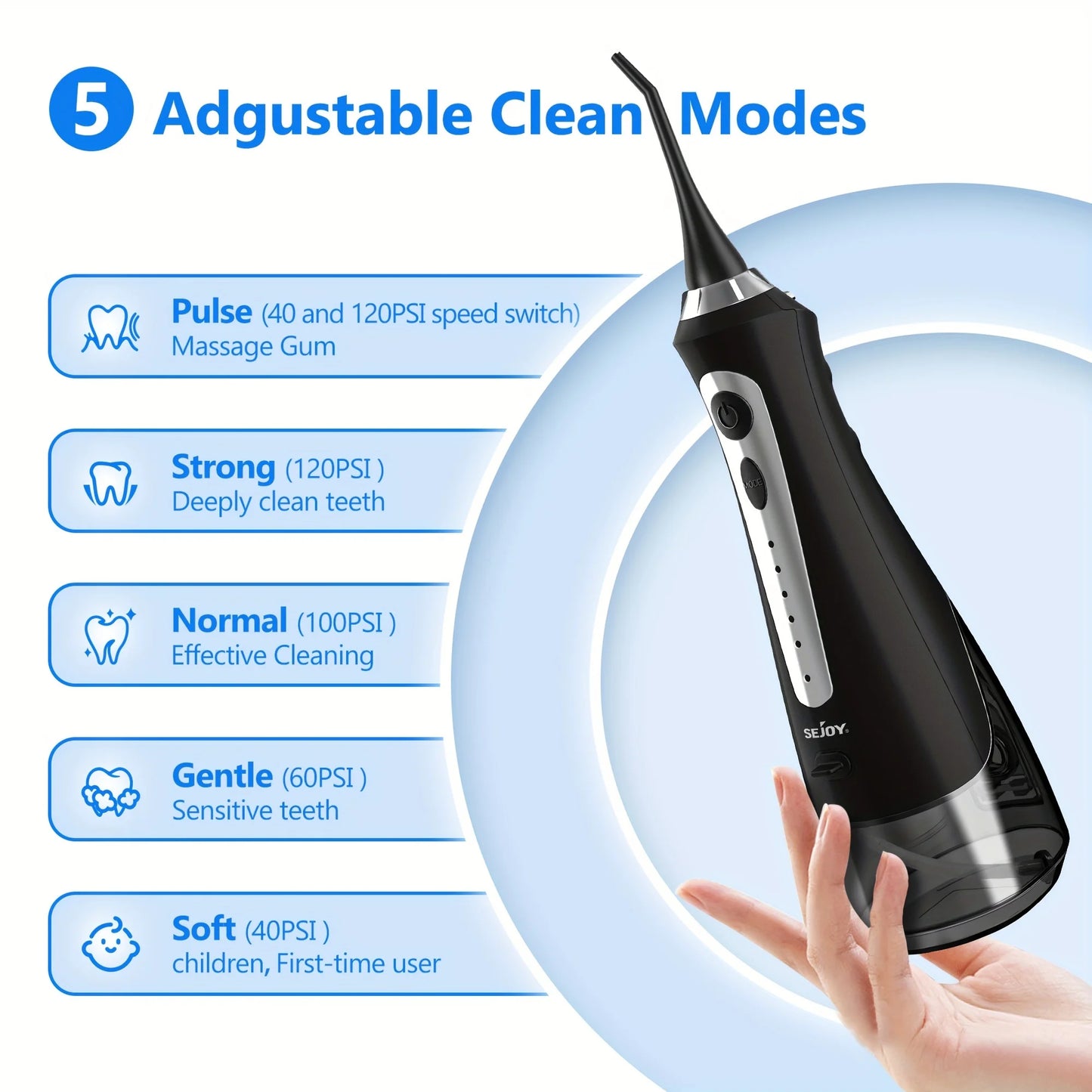 Sejoy Oral Irrigator Water Flosser USB Rechargeable 270ml Tank 8-Nozzles