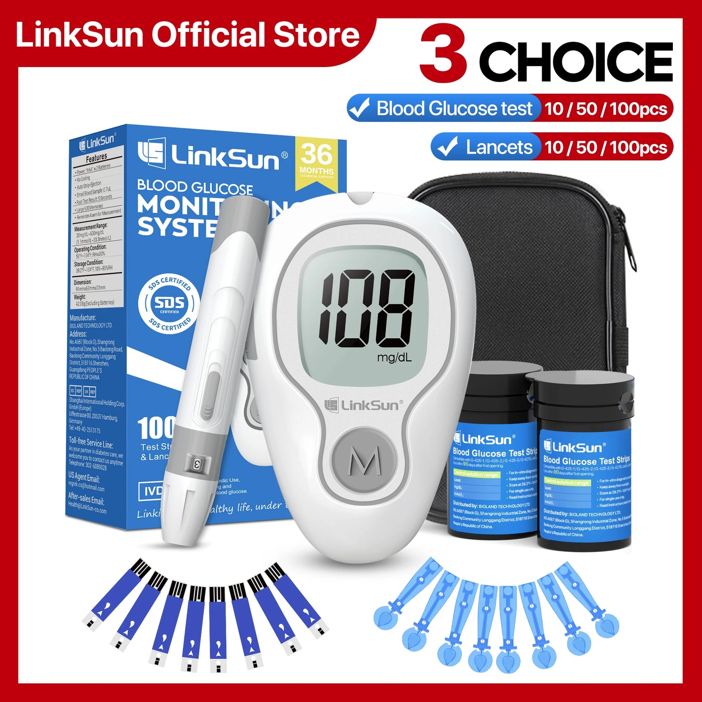 Linksun G-425-3 Blood Glucose Meter Kit With Strips