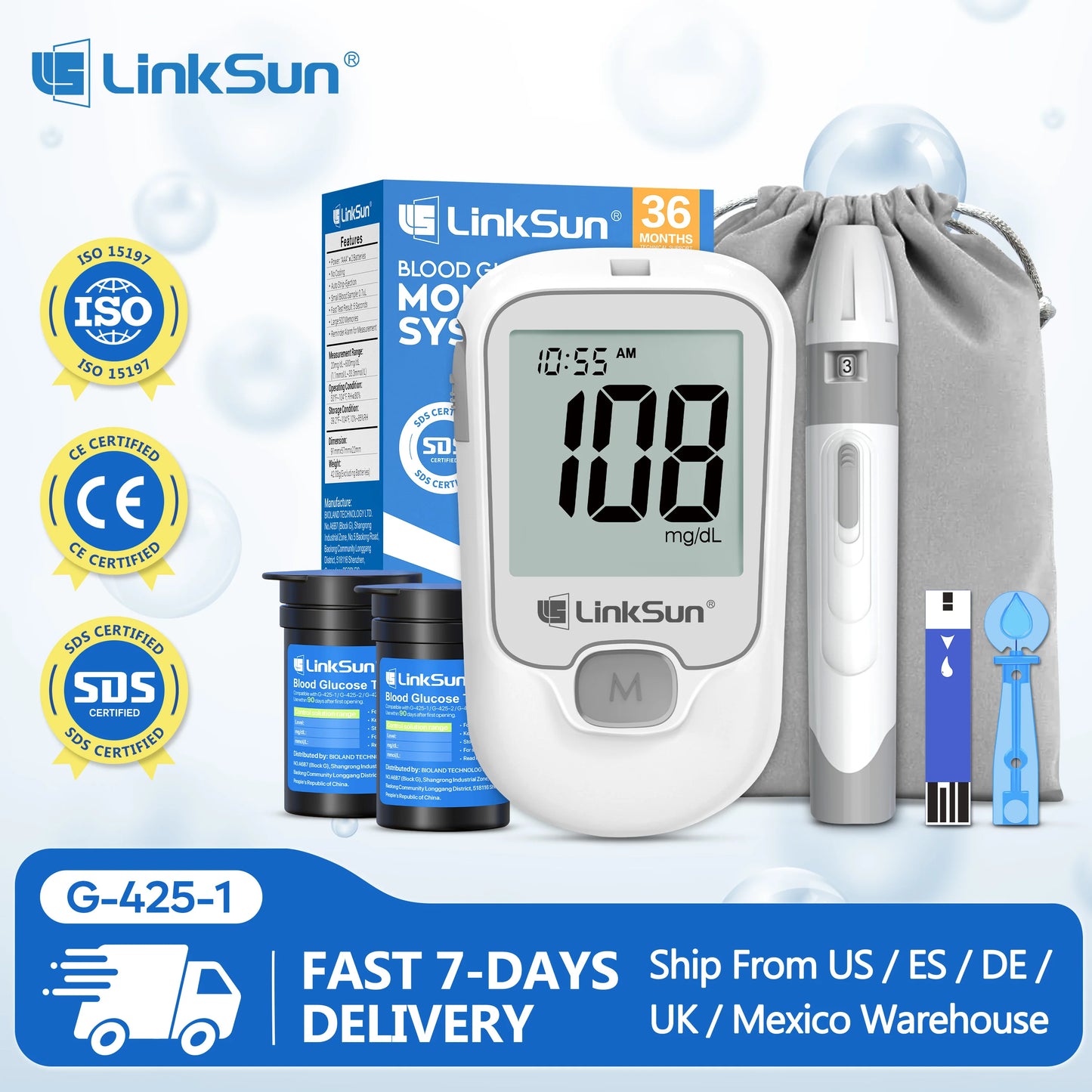 Linksun Blood Glucose Monitor G425 50 Strips Diabetes Testing Kit