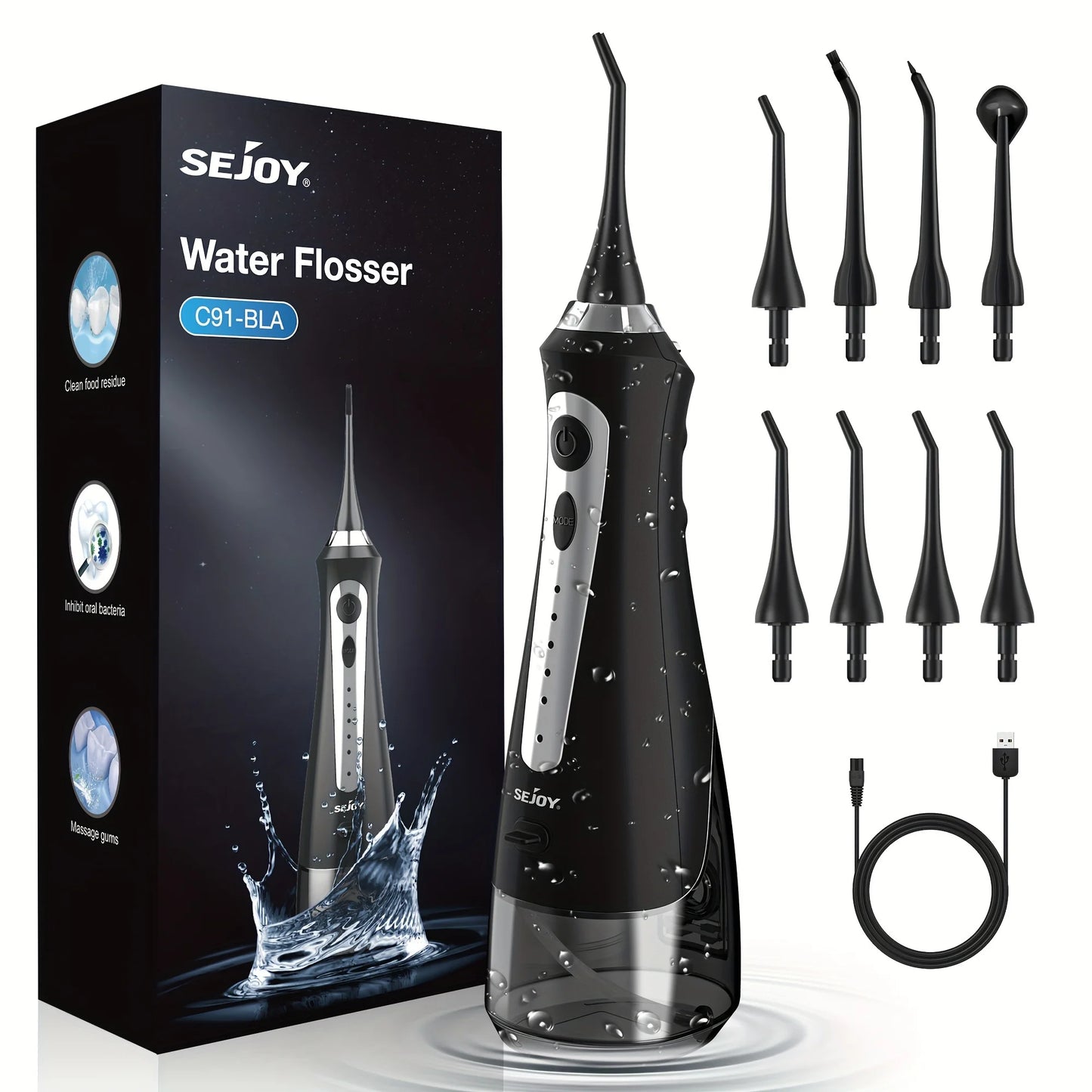 Sejoy Oral Irrigator Water Flosser USB Rechargeable 270ml Tank 8-Nozzles