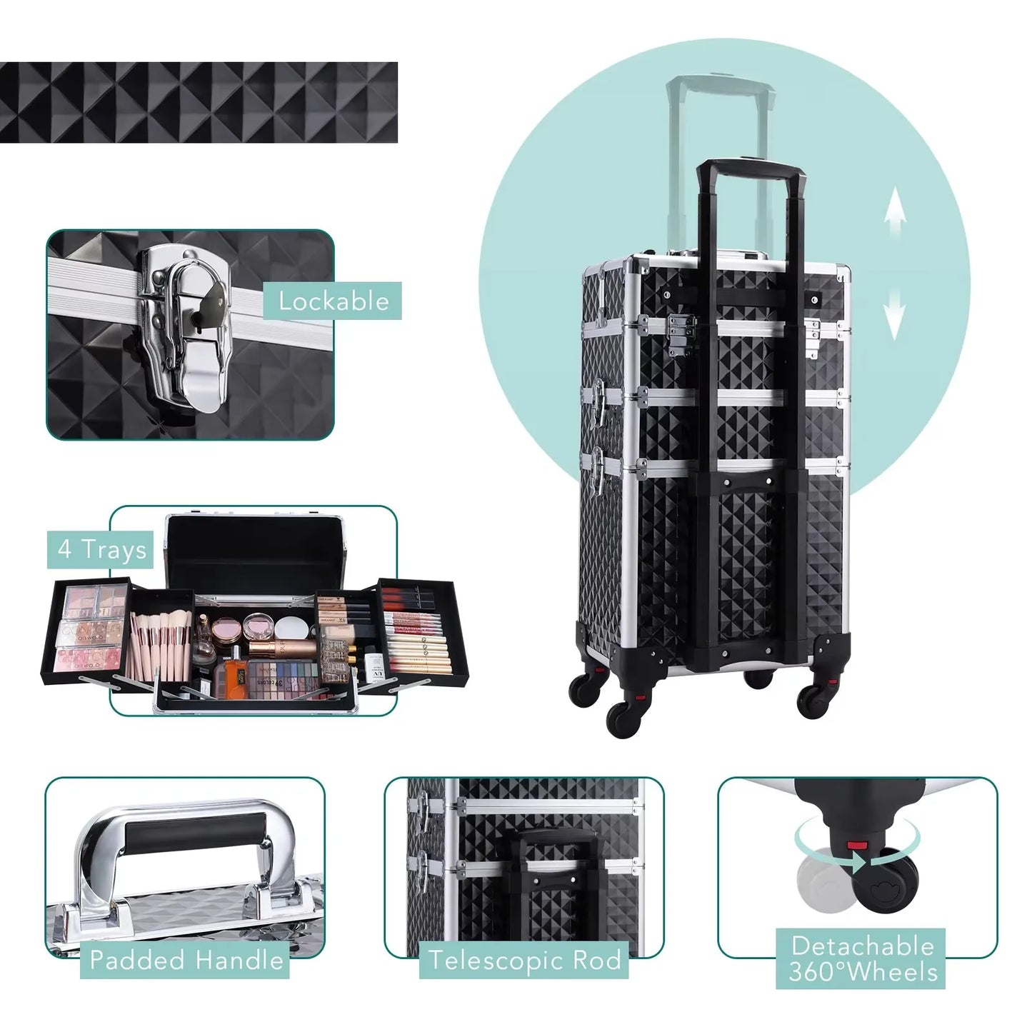 Maxulene Rolling Makeup Case On Wheels 3 In 1 Trolley